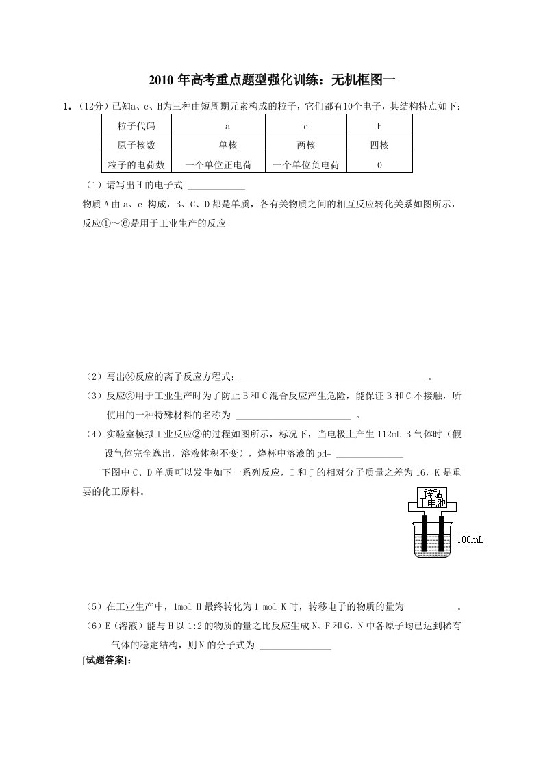 高考重点题型强化训练：无机框图