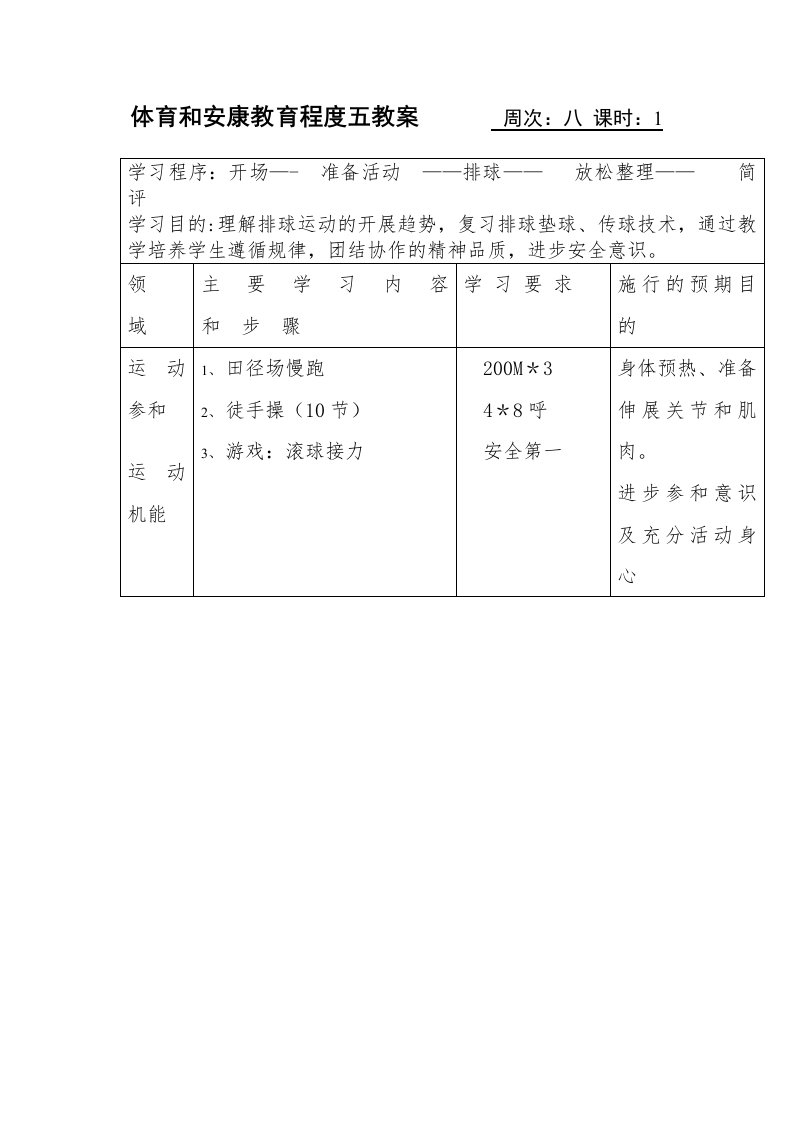 体育与健康教育水平五教案