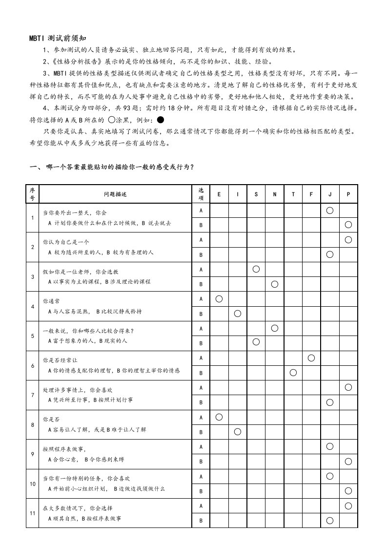 MBTI十六种人格类型职业性格测精彩试题