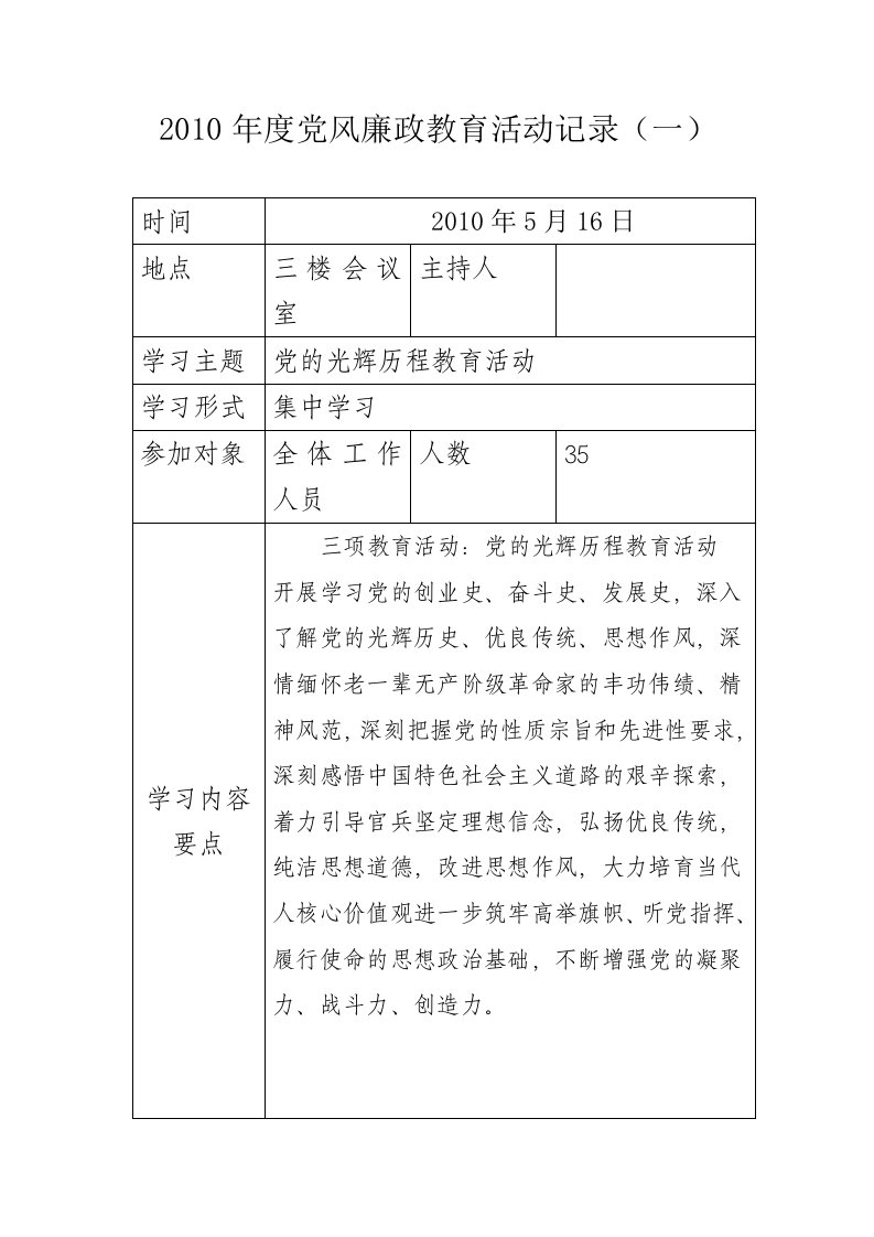 2010年度党风廉政教育活动记录表