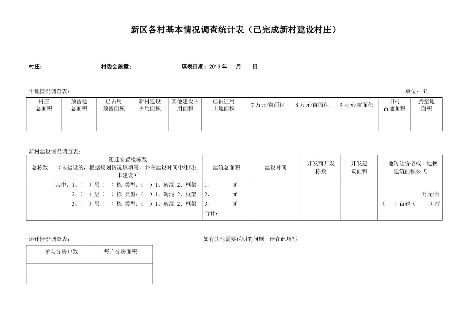 各村基本情况调查统计表