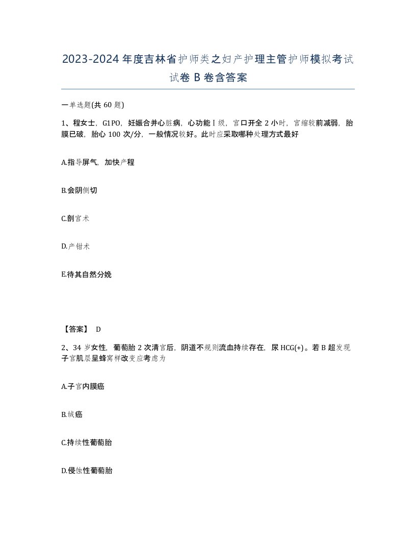 2023-2024年度吉林省护师类之妇产护理主管护师模拟考试试卷B卷含答案