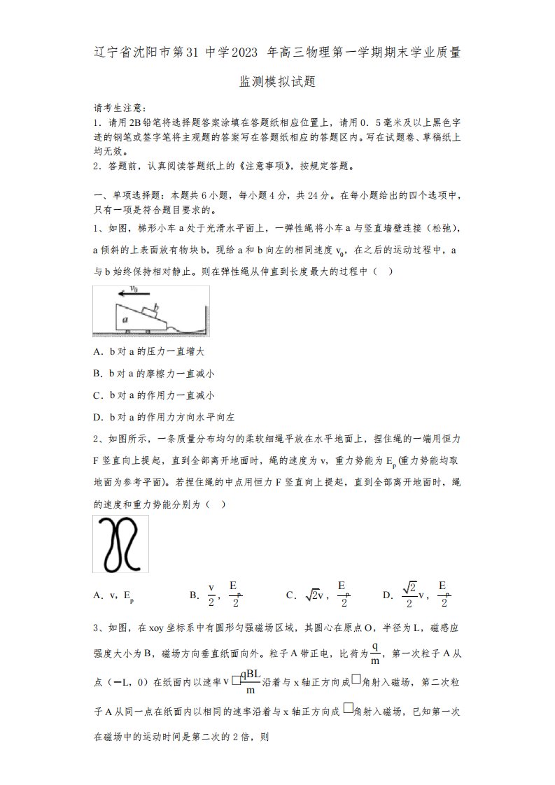 辽宁省沈阳市第31中学2023年高三物理第一学期期末学业质量监测模拟试题含解析