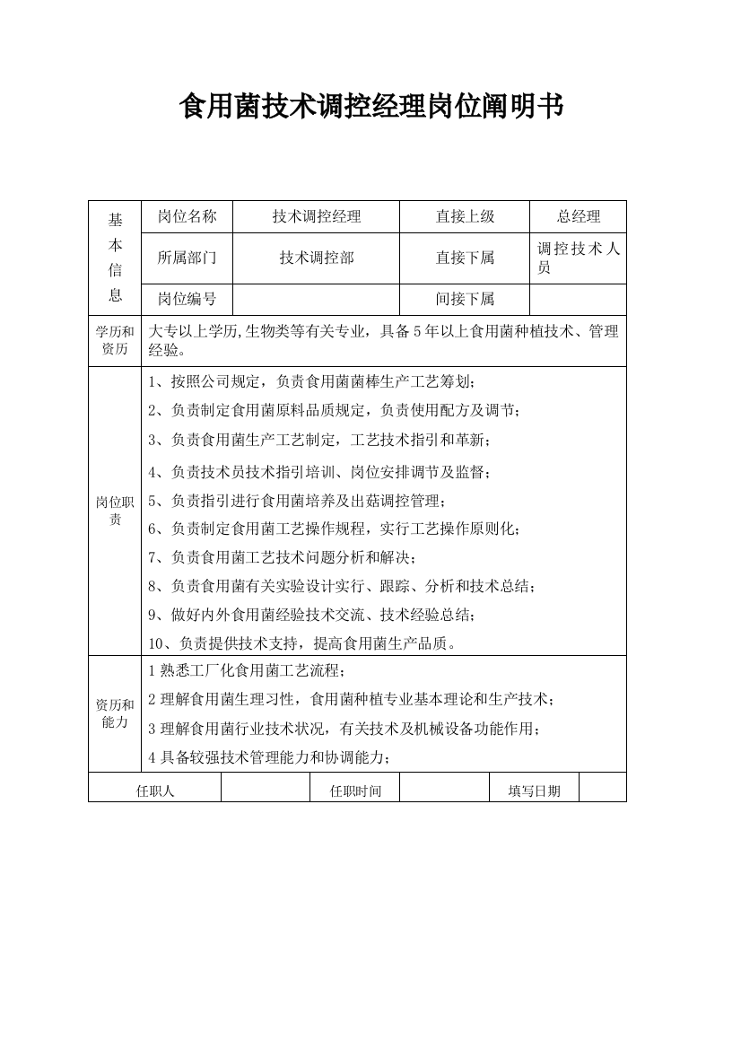 食用菌技术部门岗位说明样本