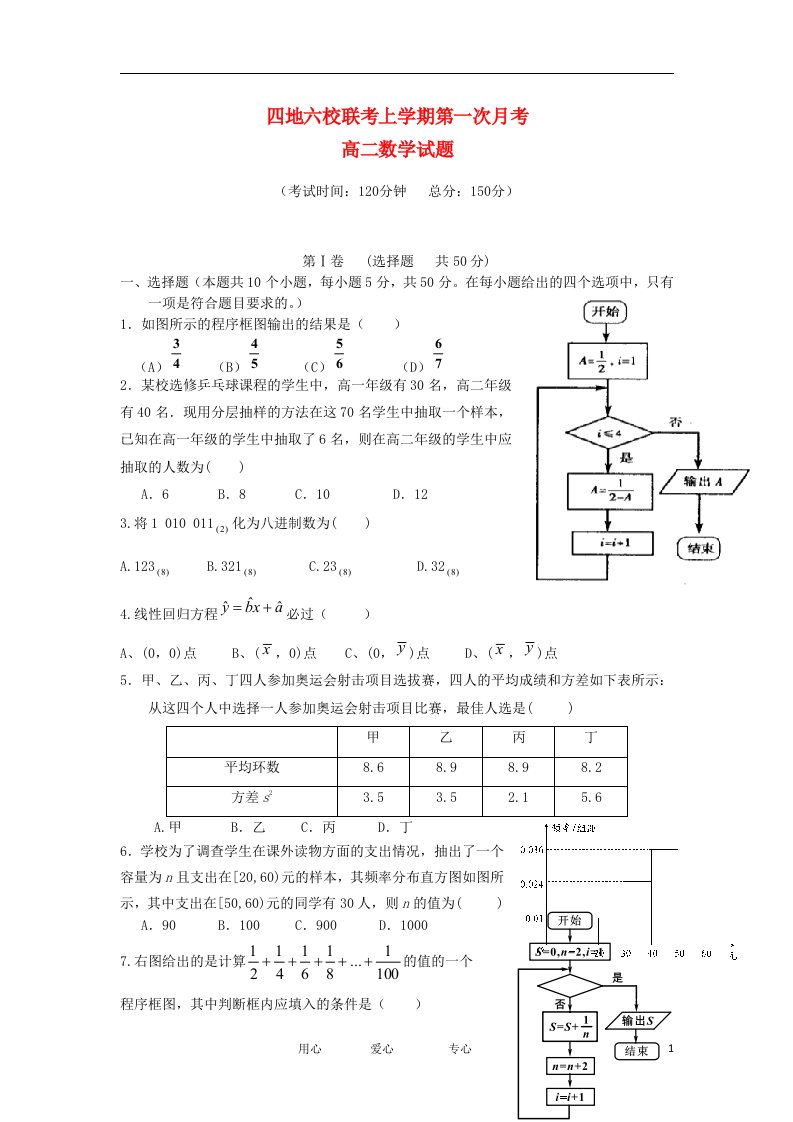 福建省四地六校高二数学上学期第一次月考试题