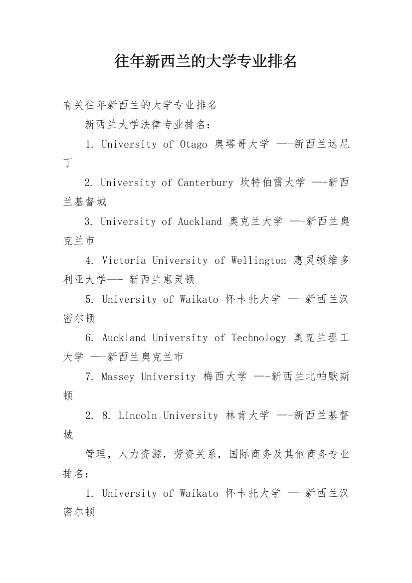 往年新西兰的大学专业排名