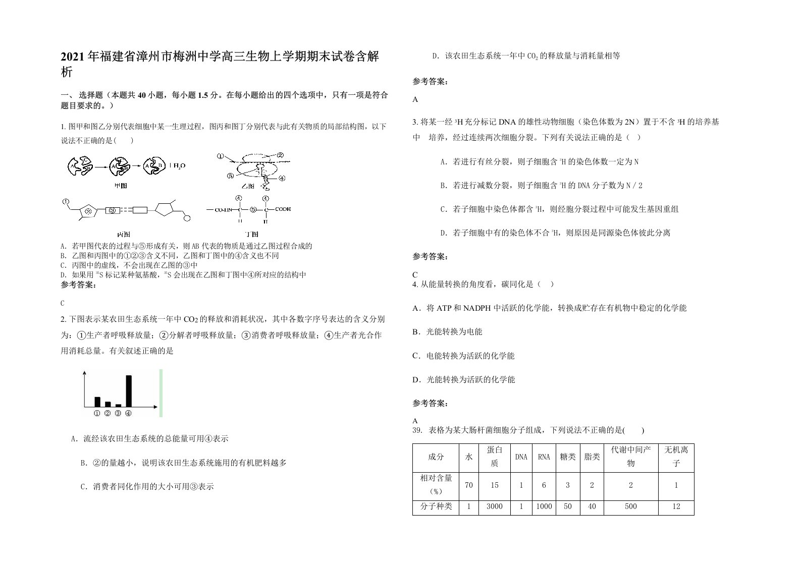 2021年福建省漳州市梅洲中学高三生物上学期期末试卷含解析