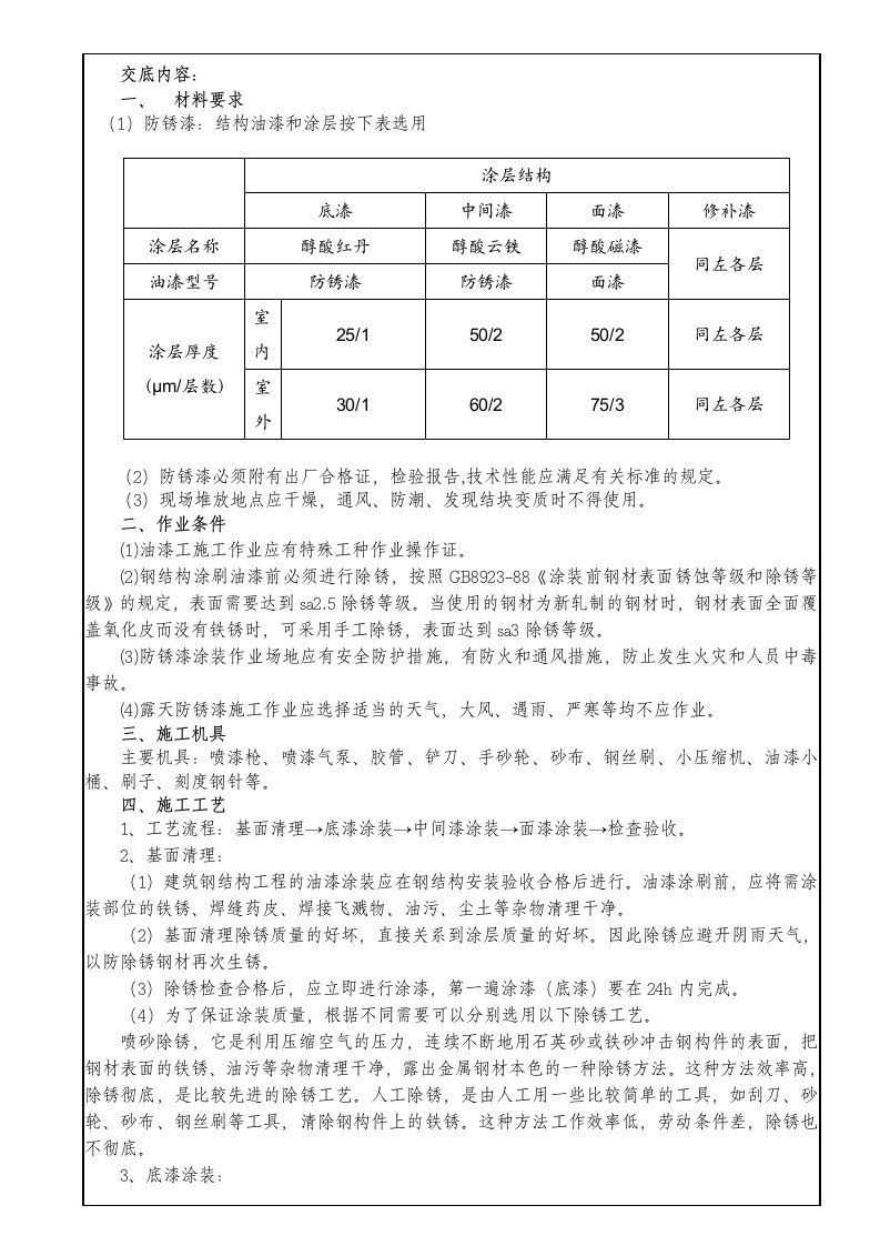 钢结构夹层防锈漆粉刷的施工技术交底