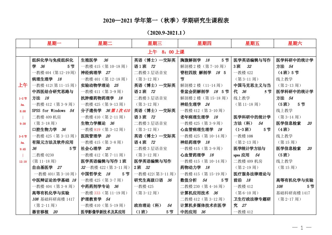 2020—2021学年第一(秋季)学期研究生课程表