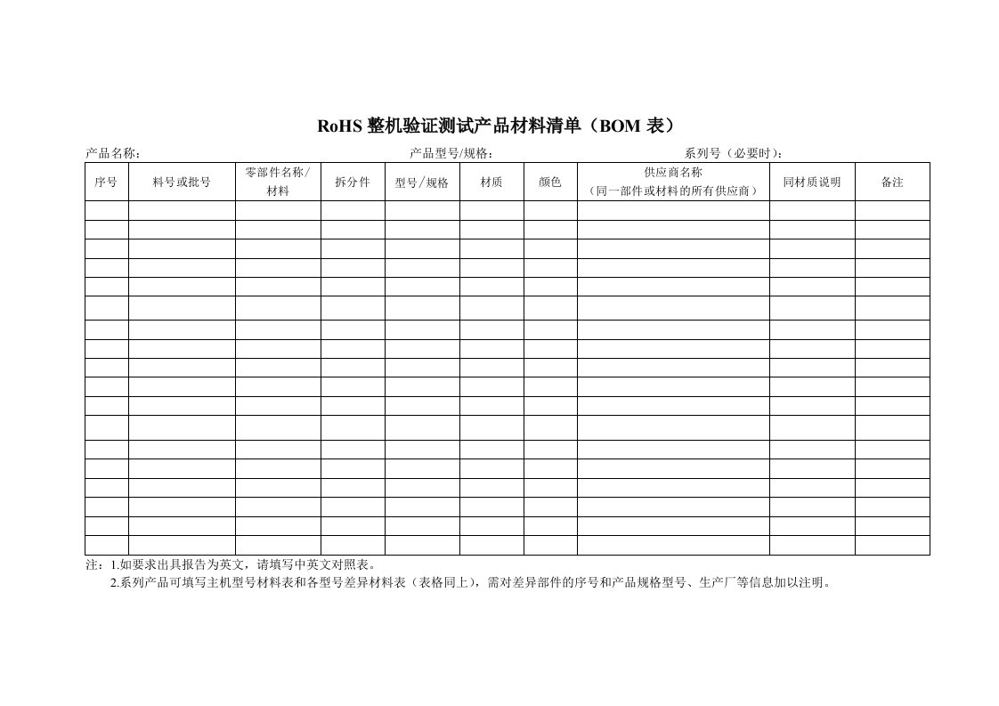 RoHS整机验证测试产品材料清单(BOM表)