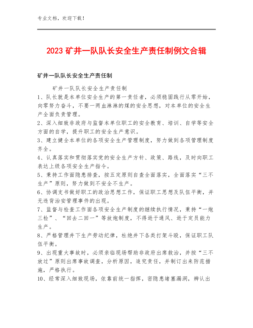 2023矿井一队队长安全生产责任制例文合辑