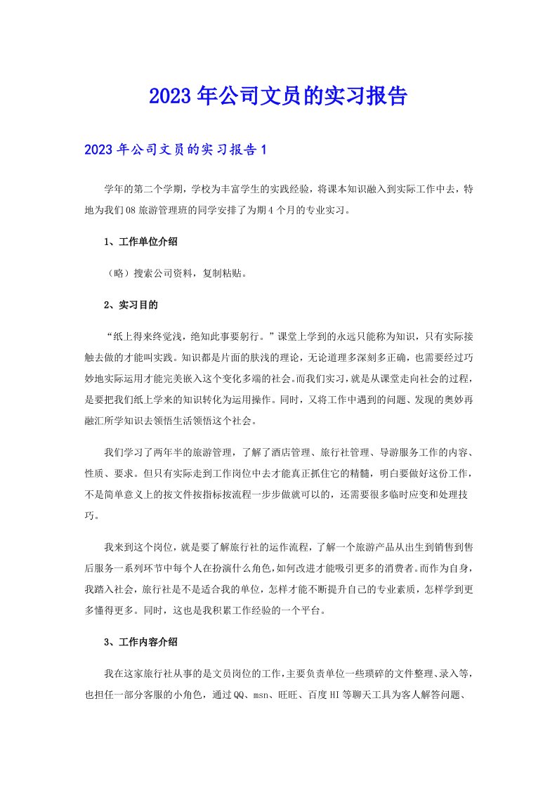 2023年公司文员的实习报告