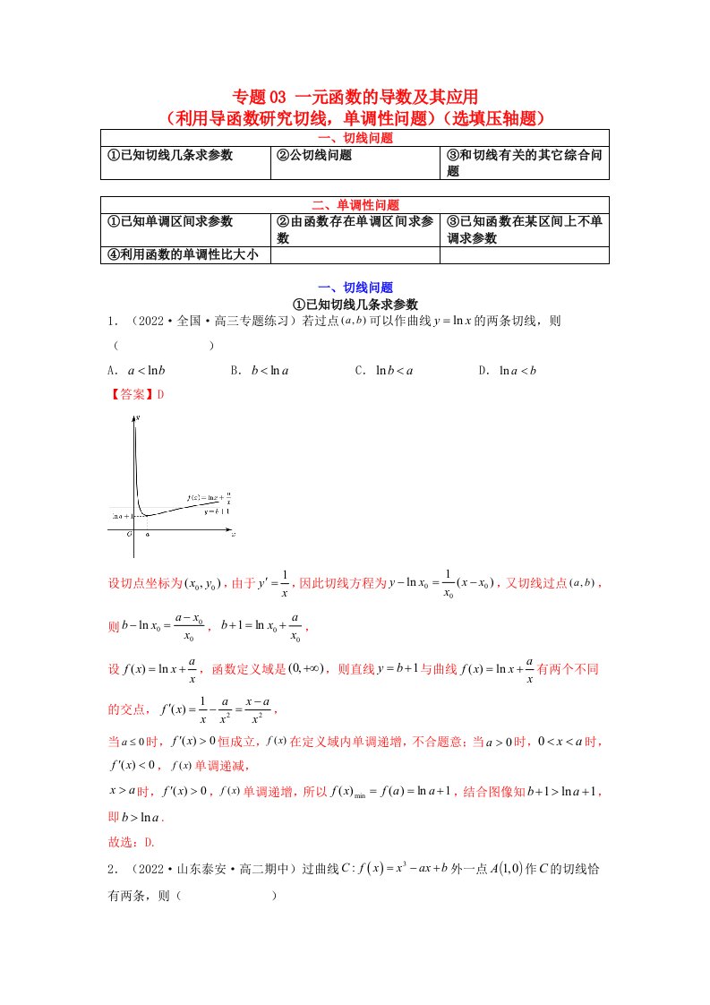 新高考版2023年高考数学必刷压轴题专题03一元函数的导数及其应用利用导函数研究切线单调性问题选填压轴题教师版