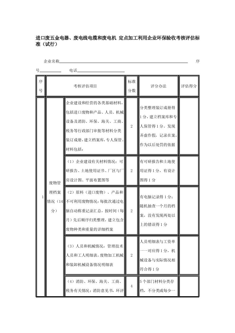 进口废五金电器、废电线电缆和废电机定点加工利用企业环保验收考核评估标准(试行).