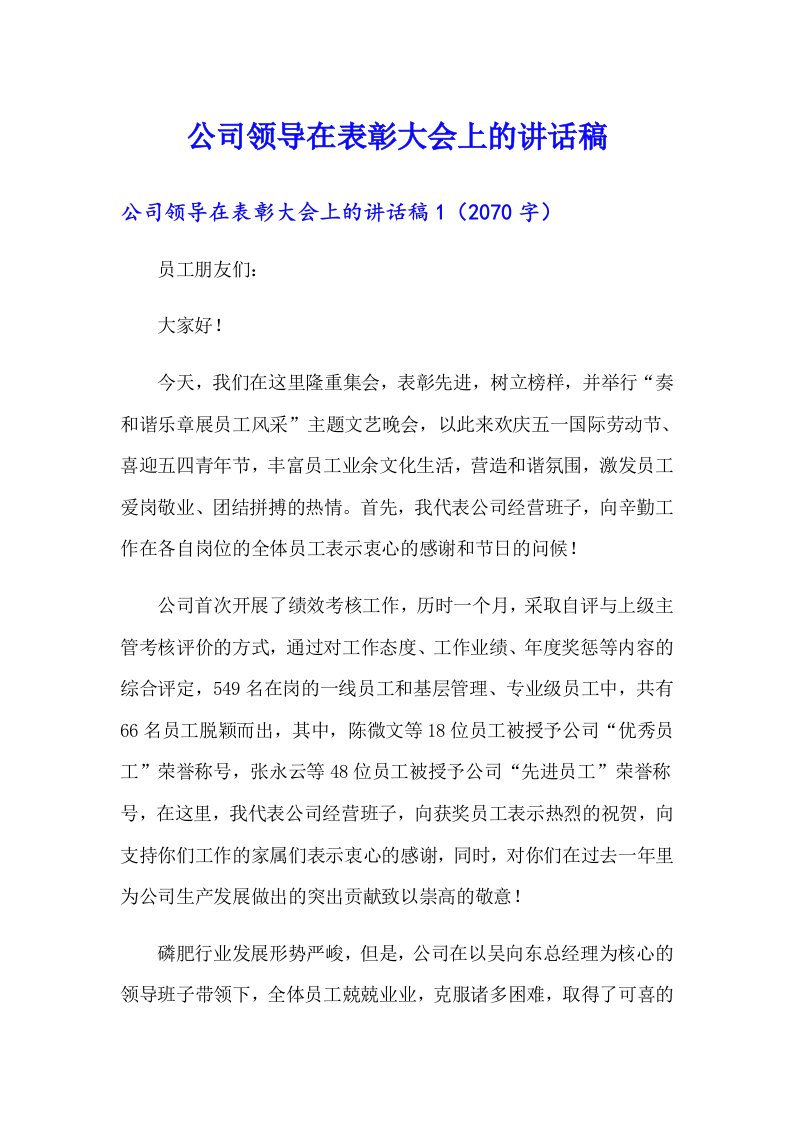 公司领导在表彰大会上的讲话稿