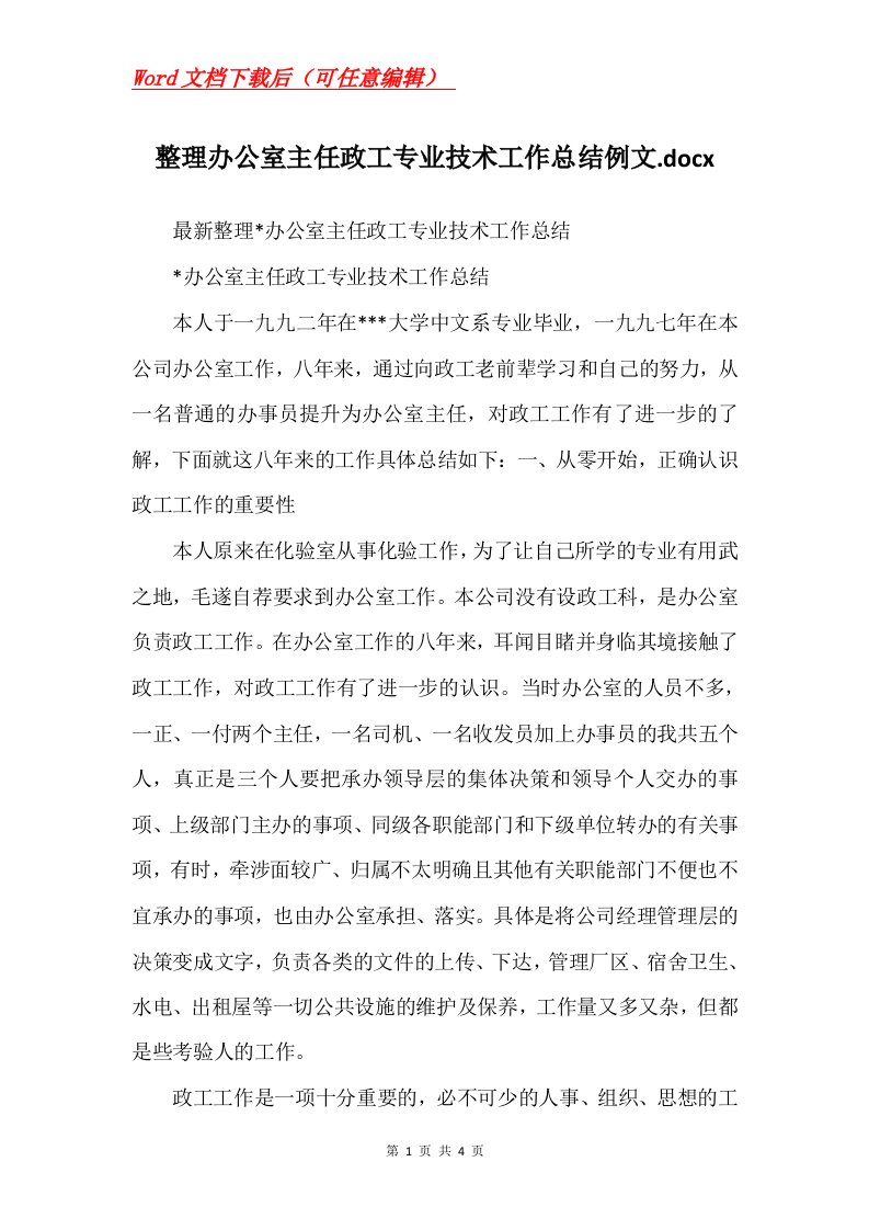 整理办公室主任政工专业技术工作总结例文.docx