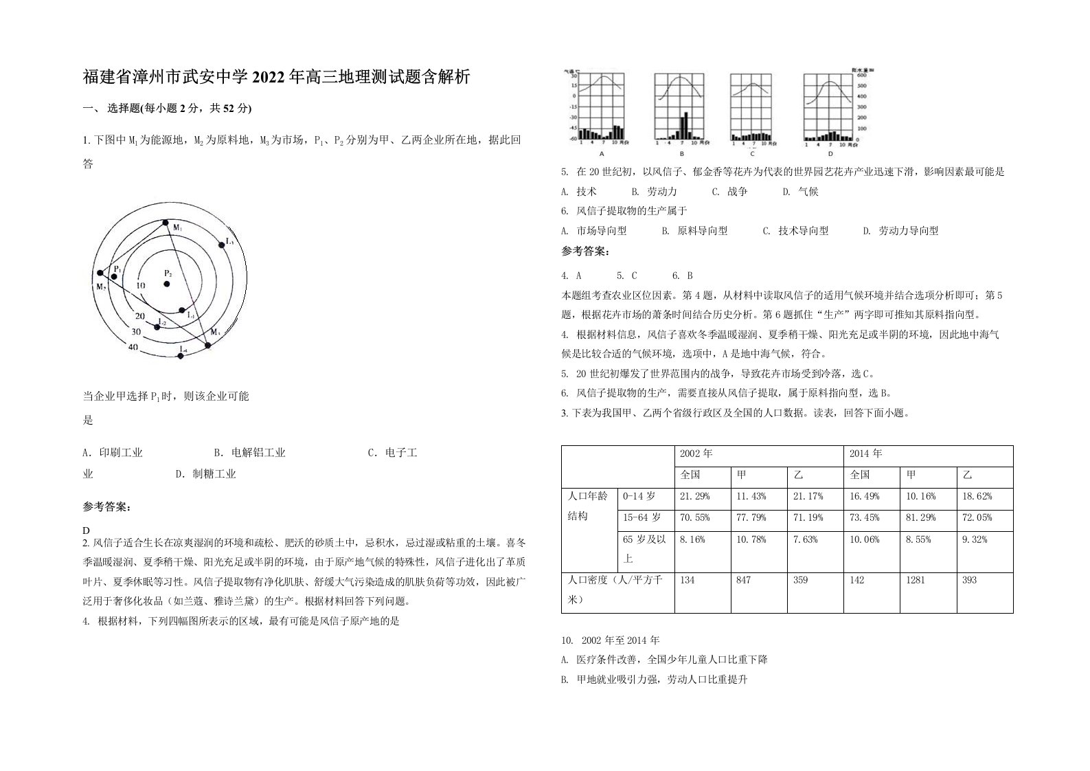 福建省漳州市武安中学2022年高三地理测试题含解析