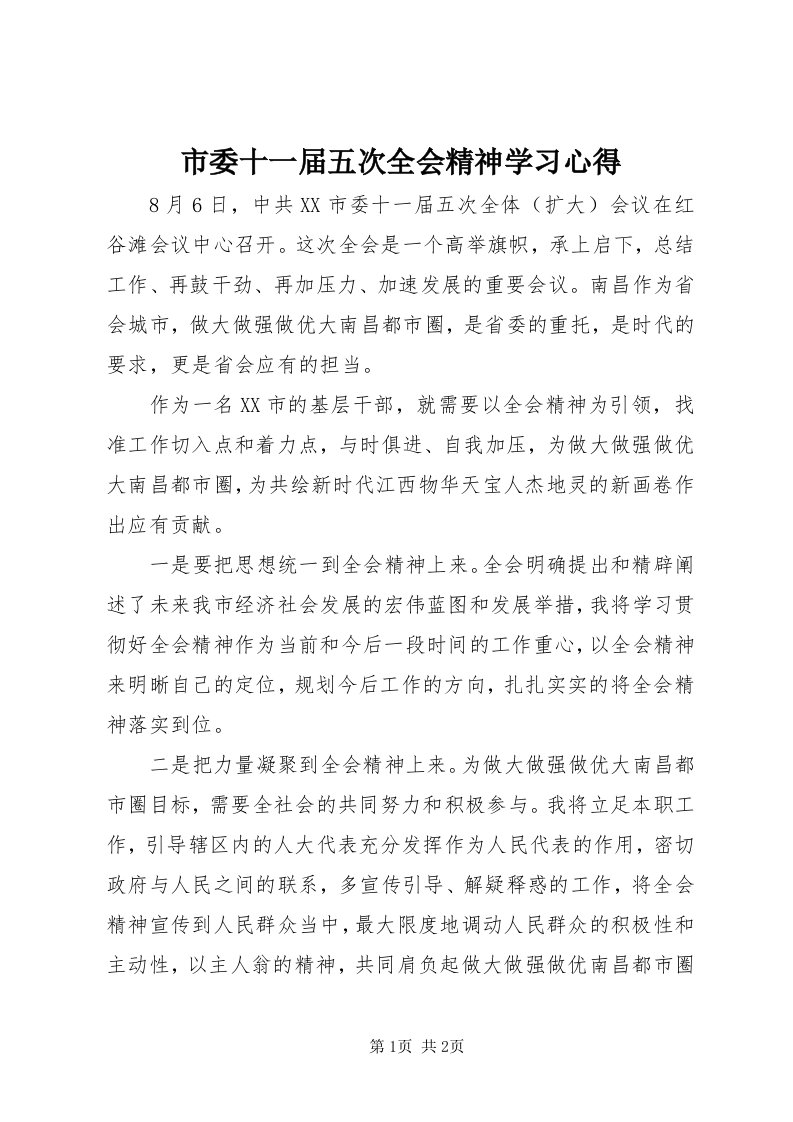 5市委十一届五次全会精神学习心得