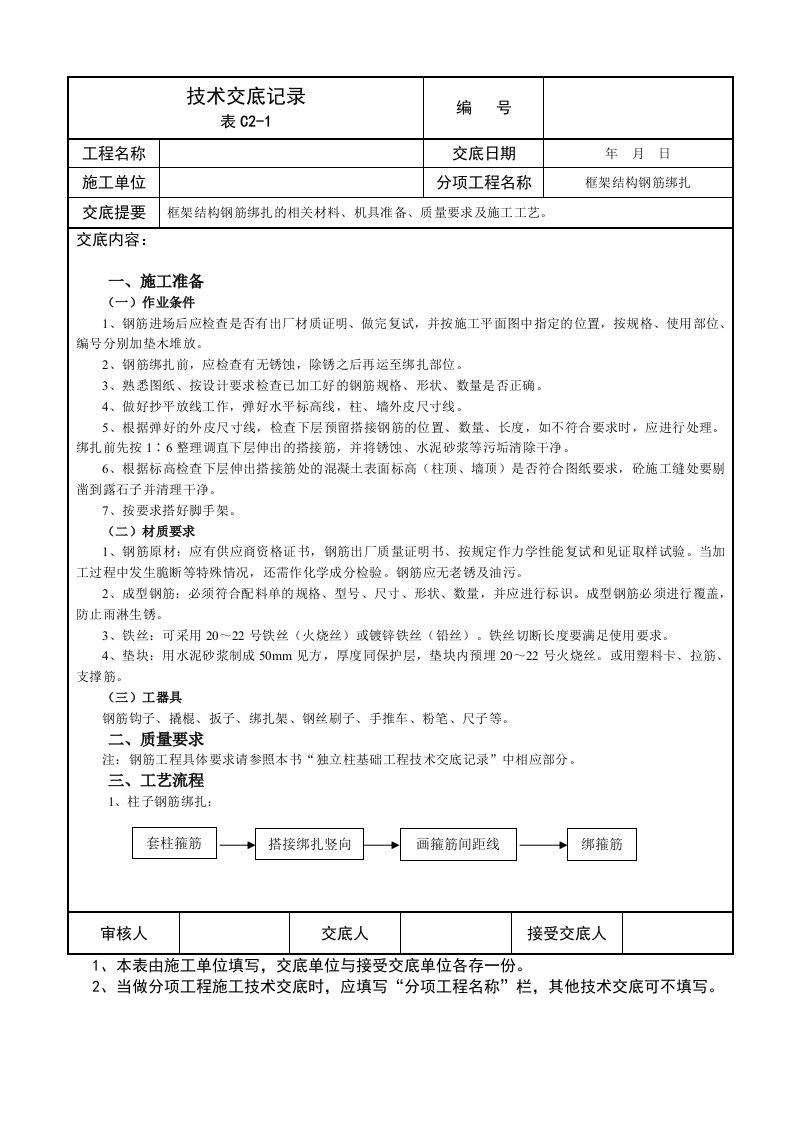 框架结构钢筋绑扎技术交底记录