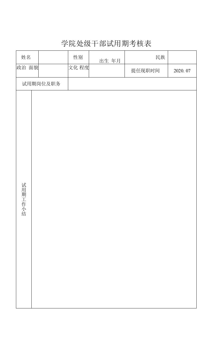 学院处级领导干部试用期考核表