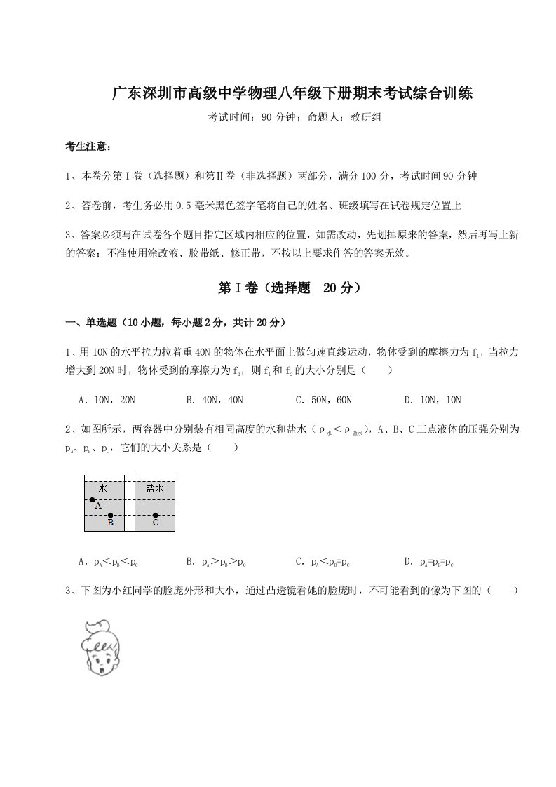 2023年广东深圳市高级中学物理八年级下册期末考试综合训练试卷（含答案详解版）