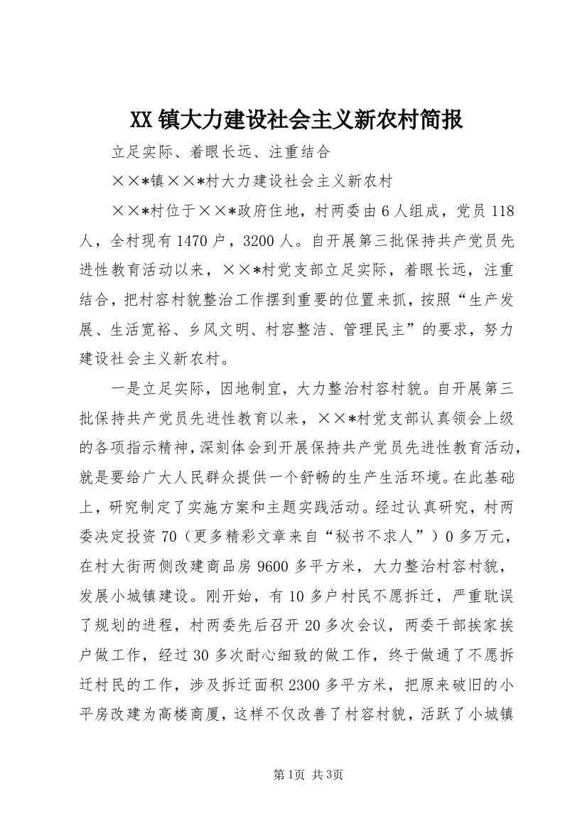 XX镇大力建设社会主义新农村简报