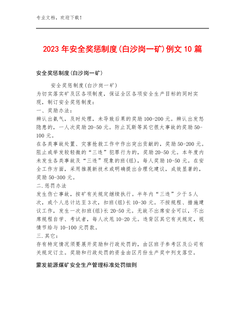 2023年安全奖惩制度(白沙岗一矿)例文10篇