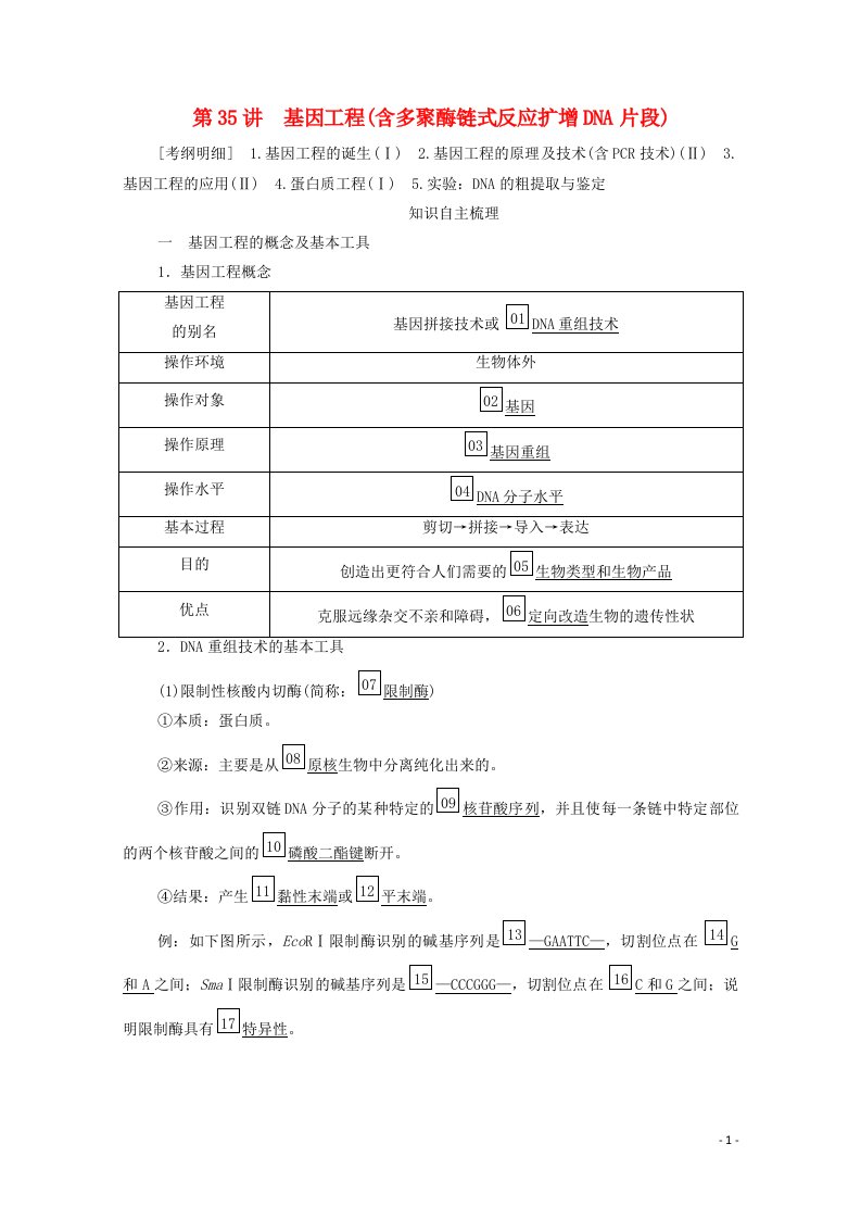 2021高考生物一轮复习第10单元现代生物科技专题第35讲基因工程含多聚酶链式反应扩增DNA片段学案