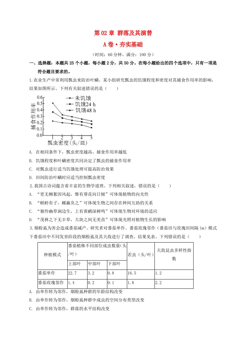 2023_2024学年高中生物第02章群落及其演替单元卷A夯实基础学生版新人教版选择性必修2