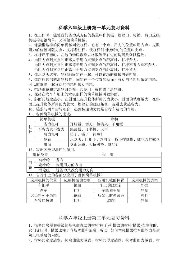 科学六年级上册第一单元复习资料（新）