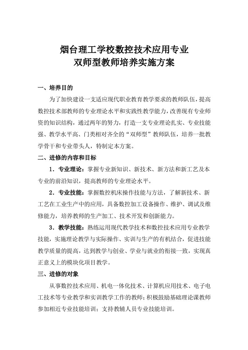 双师型教师培养实施方案