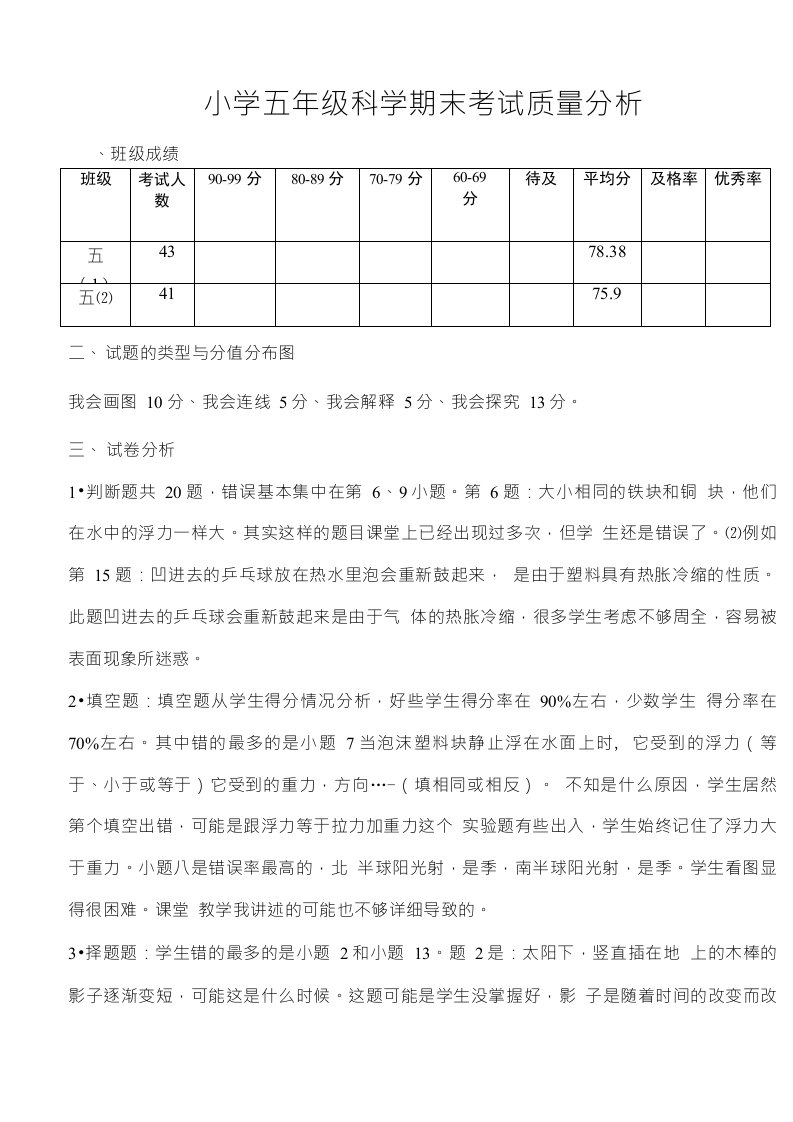 小学五年级科学期末考试质量分析