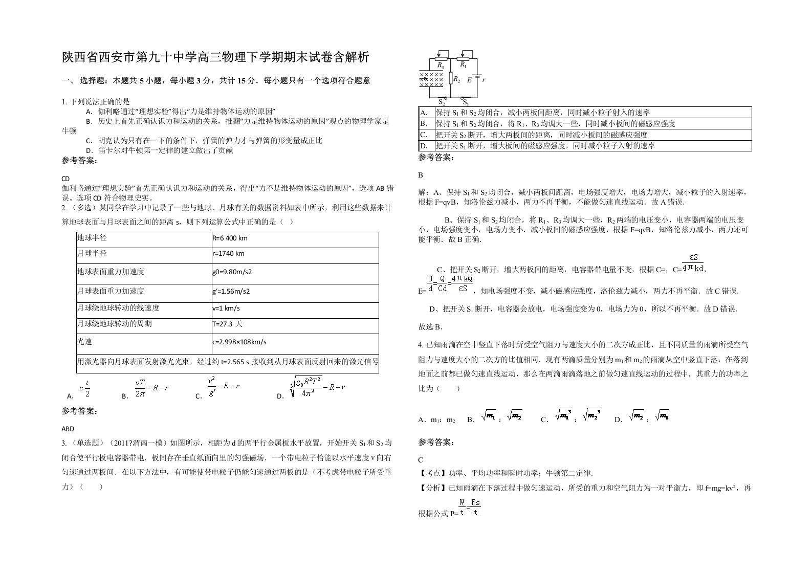 陕西省西安市第九十中学高三物理下学期期末试卷含解析