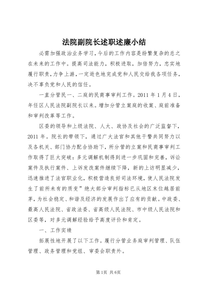 法院副院长述职述廉小结