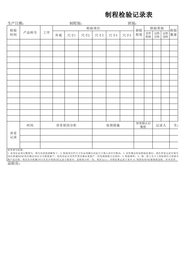 产品过程检验记录表