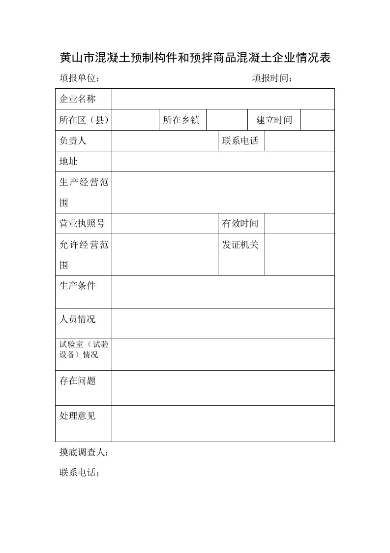 黄山市溷凝土预制构件和预拌商品溷凝土企业情况表