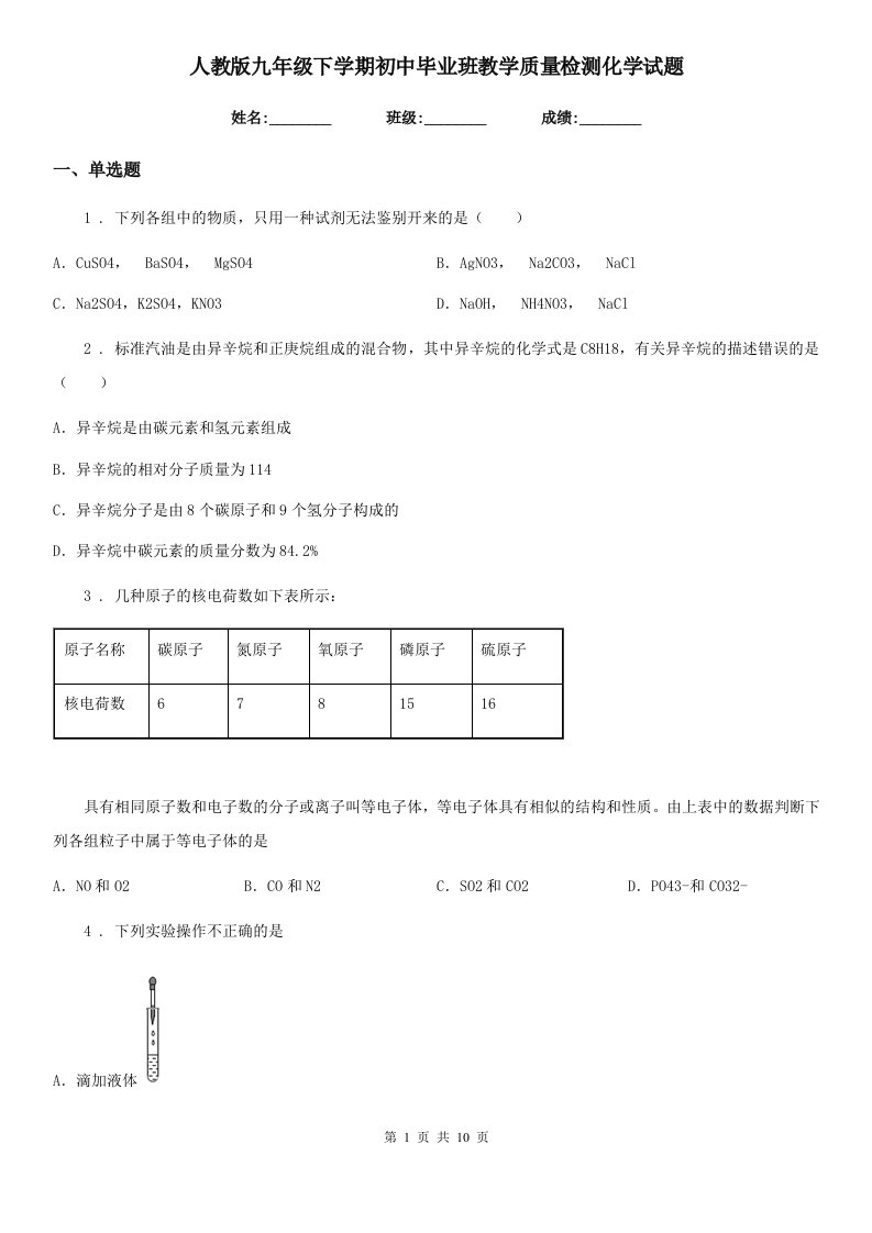 人教版九年级下学期初中毕业班教学质量检测化学试题