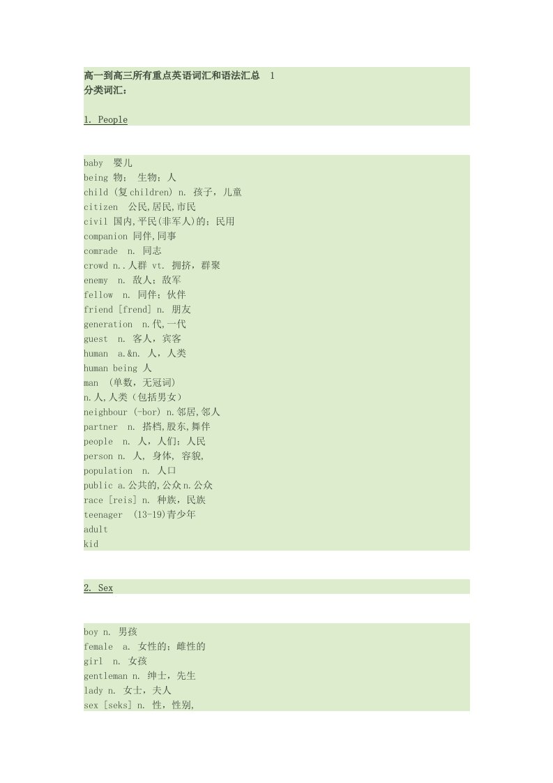 高一到高三所有重点英语词汇和语法汇总