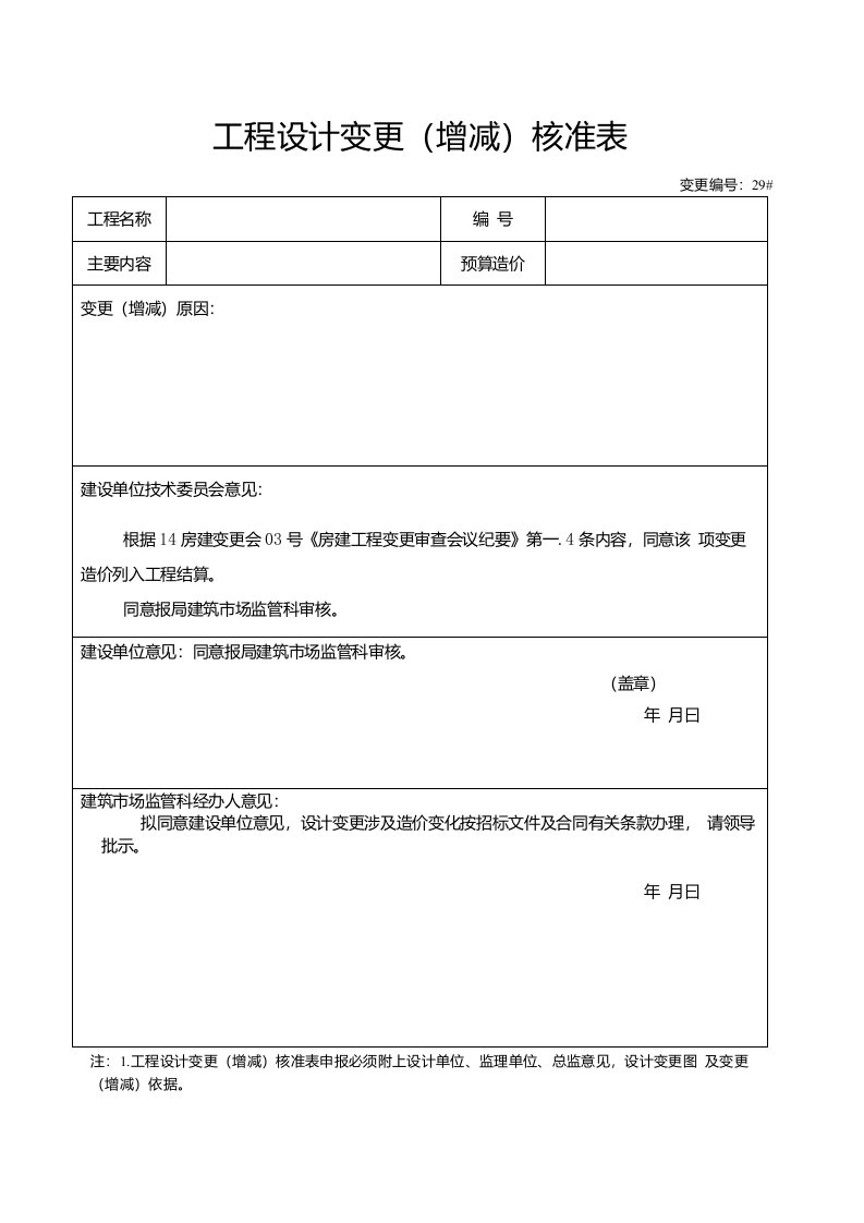 工程设计变更增减核准表