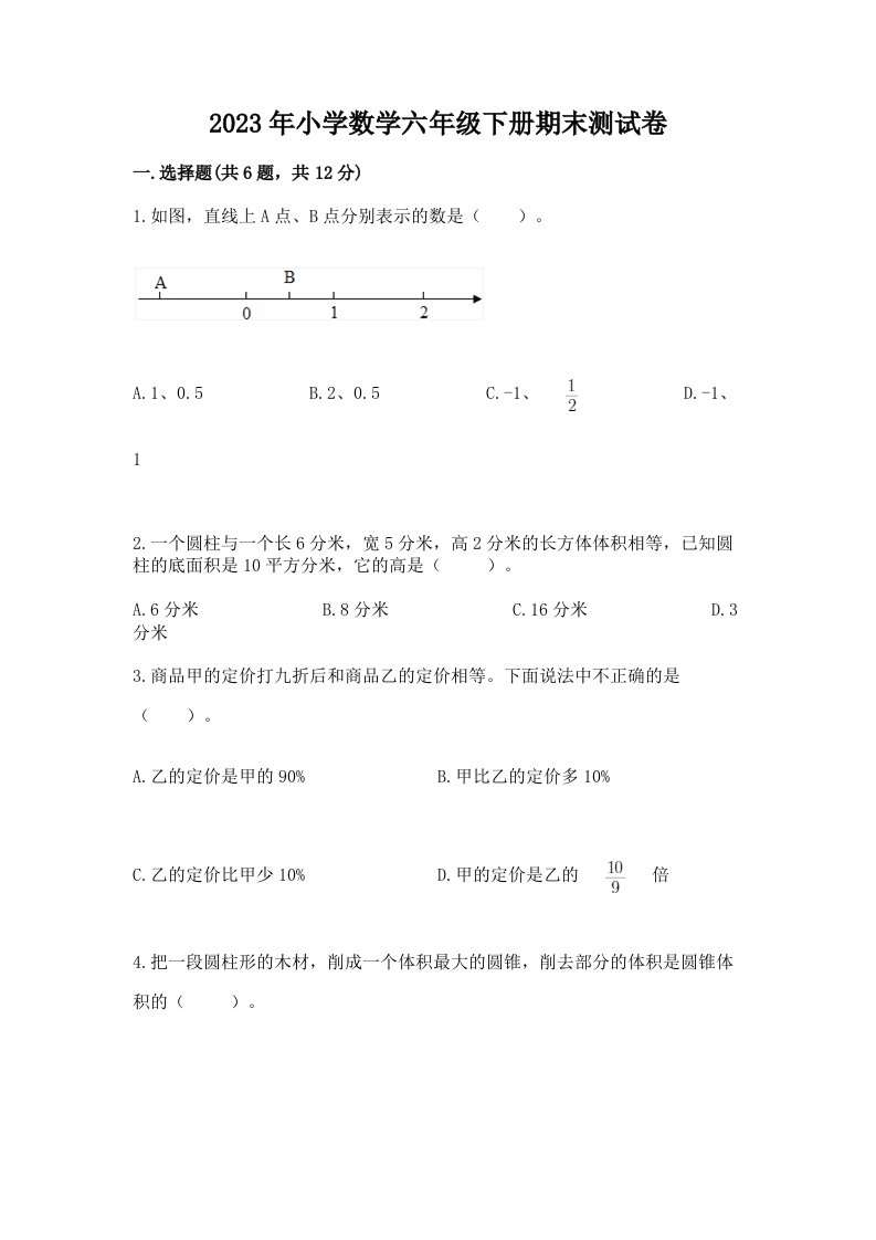 2023年小学数学六年级下册期末测试卷精品【名师系列】