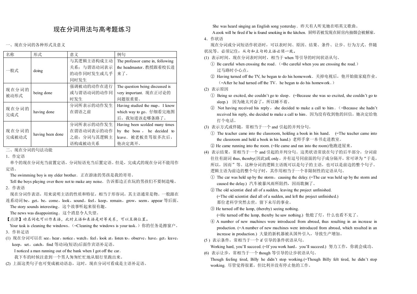 现在分词用法与高考题练习