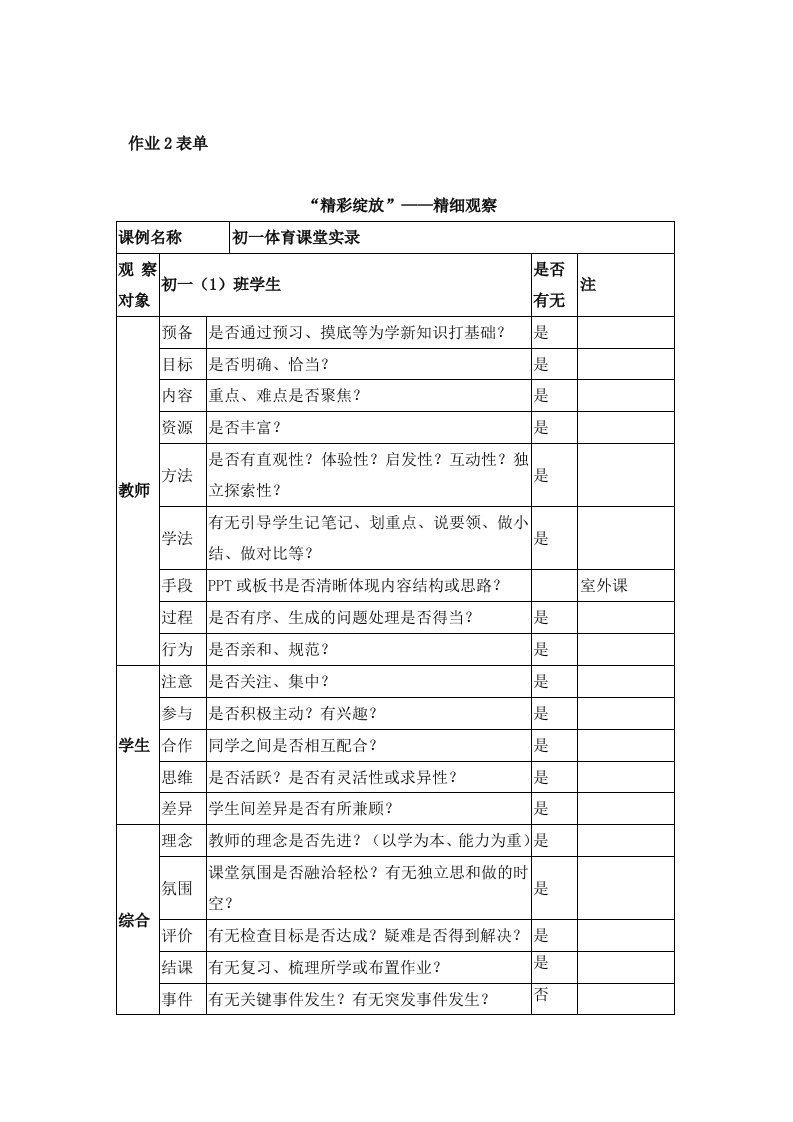 初中体育课堂实录观察表