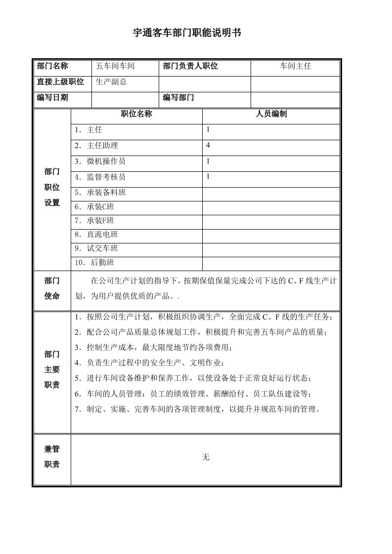 生产管理--部门职能说明书五车间