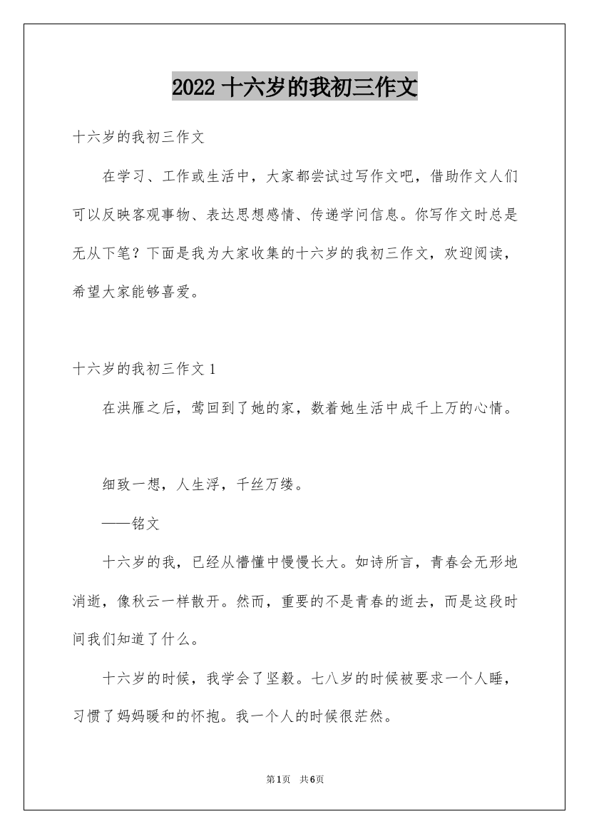 2022十六岁的我初三作文