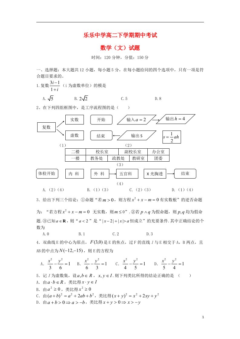 贵州省湄潭县乐乐中学高二数学下学期期中试题