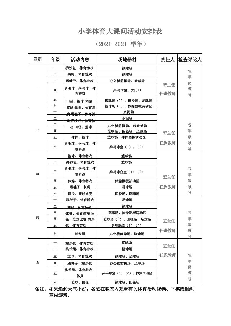 小学体育大课间活动安排表