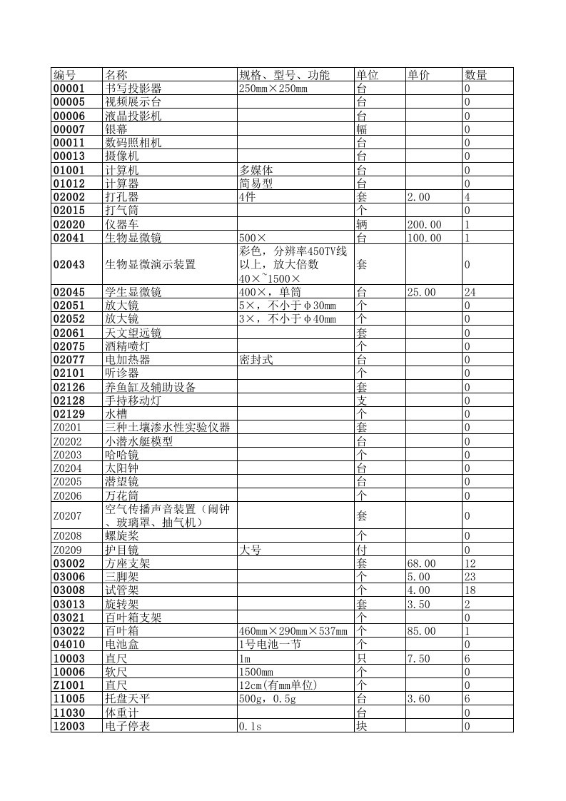 科学实验仪器入库单