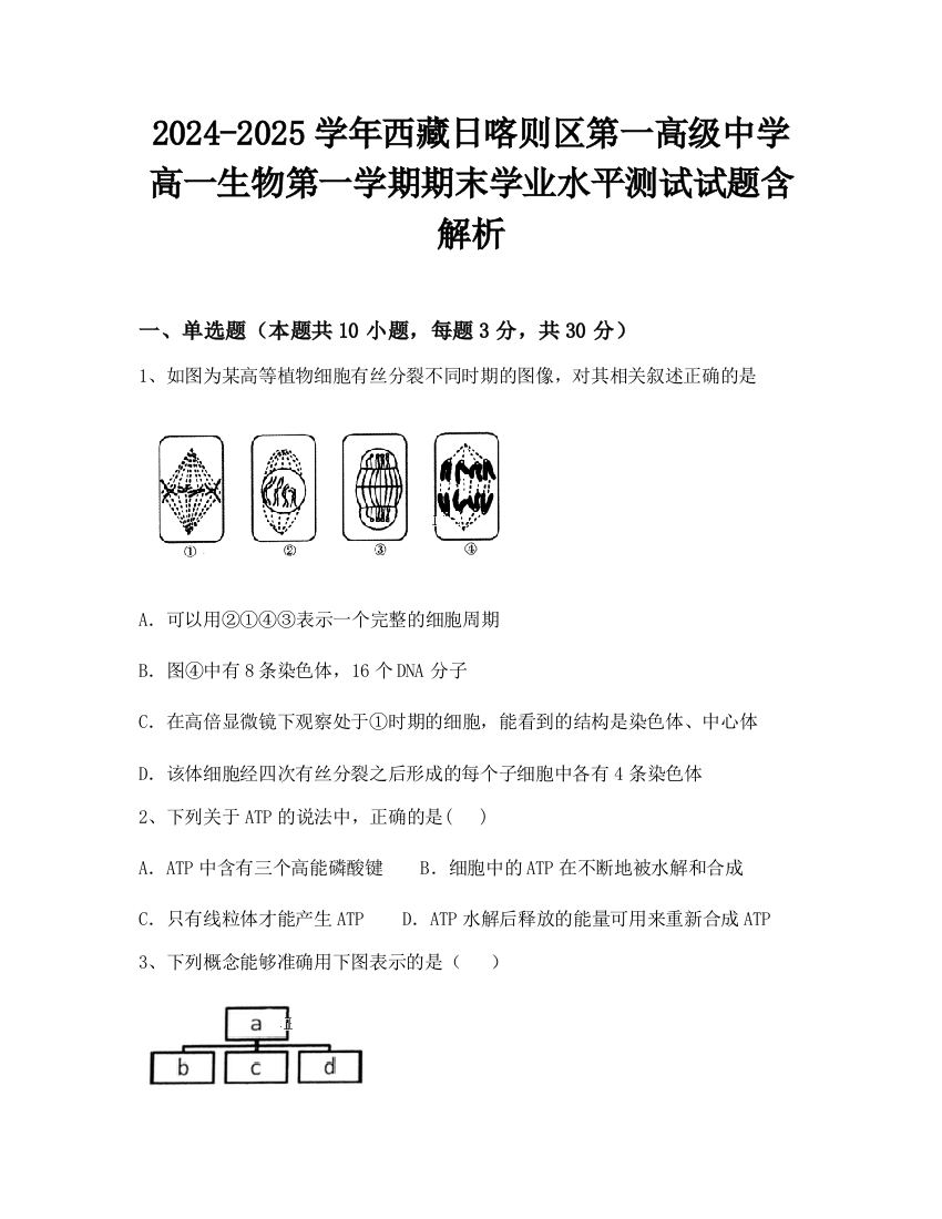 2024-2025学年西藏日喀则区第一高级中学高一生物第一学期期末学业水平测试试题含解析