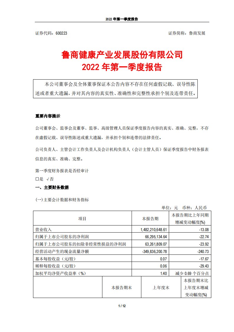 上交所-鲁商健康产业发展股份有限公司2022年第一季度报告