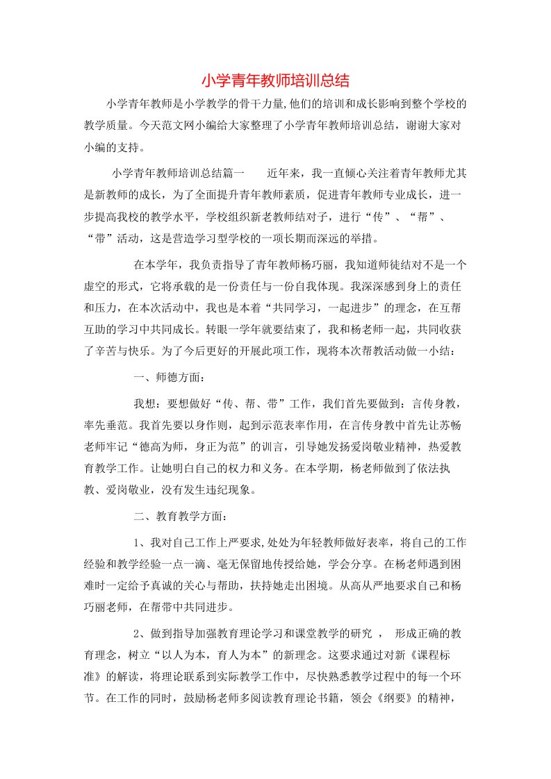 小学青年教师培训总结